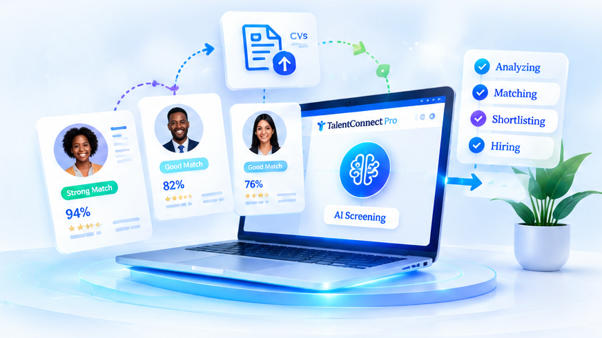 Candidate cards with match percentages floating around a laptop running TalentConnect Pro, with the screening workflow alongside